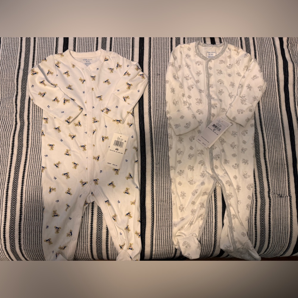 Polo by Ralph Lauren White Baby Footies with Yellow & Gray Prints
